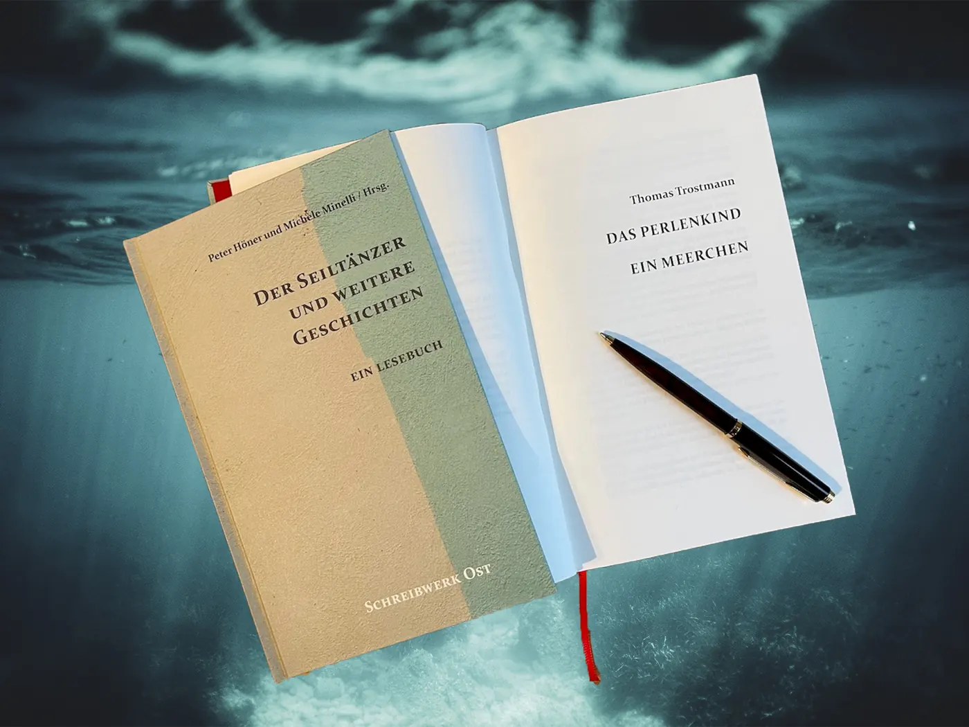 Das aufgeschlagene Lesebuch «Der Seiltänzer und weitere Geschichten» unter Wasser