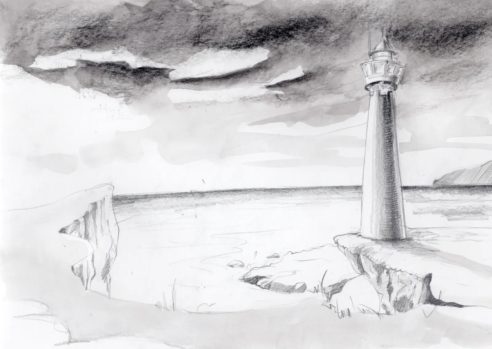 Bleistiftskizze von Sophie Graff: ein Leuchtturm an der Küste