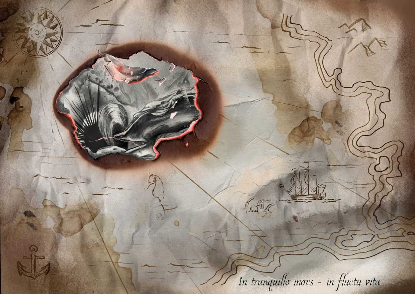 Illustration von Sophie Graff: eine alte Seekarte mit Muschel und der Inschrift In tranquillo mare – in fluctu vita